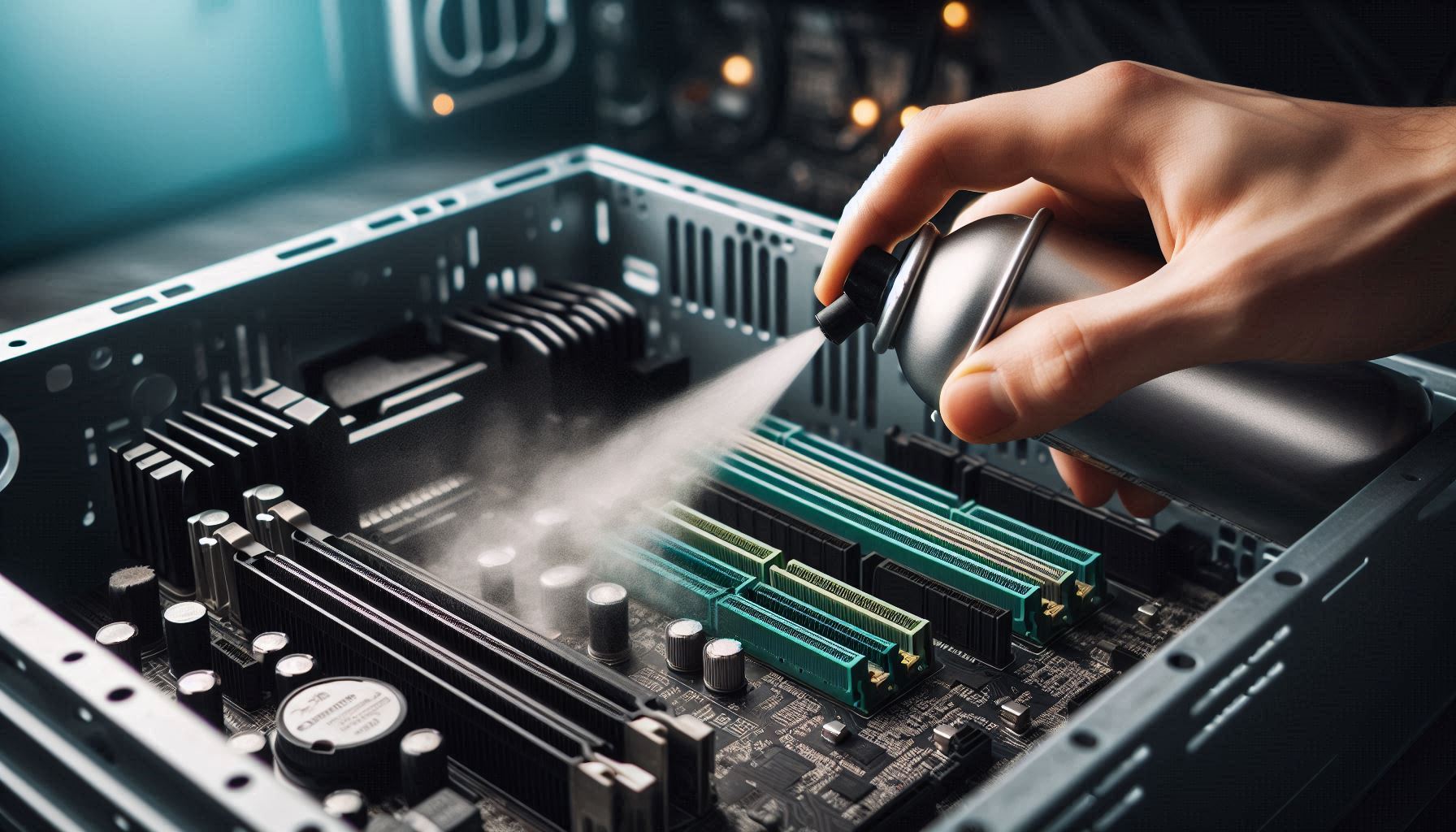 Cleaning a motherboard with compressed air.