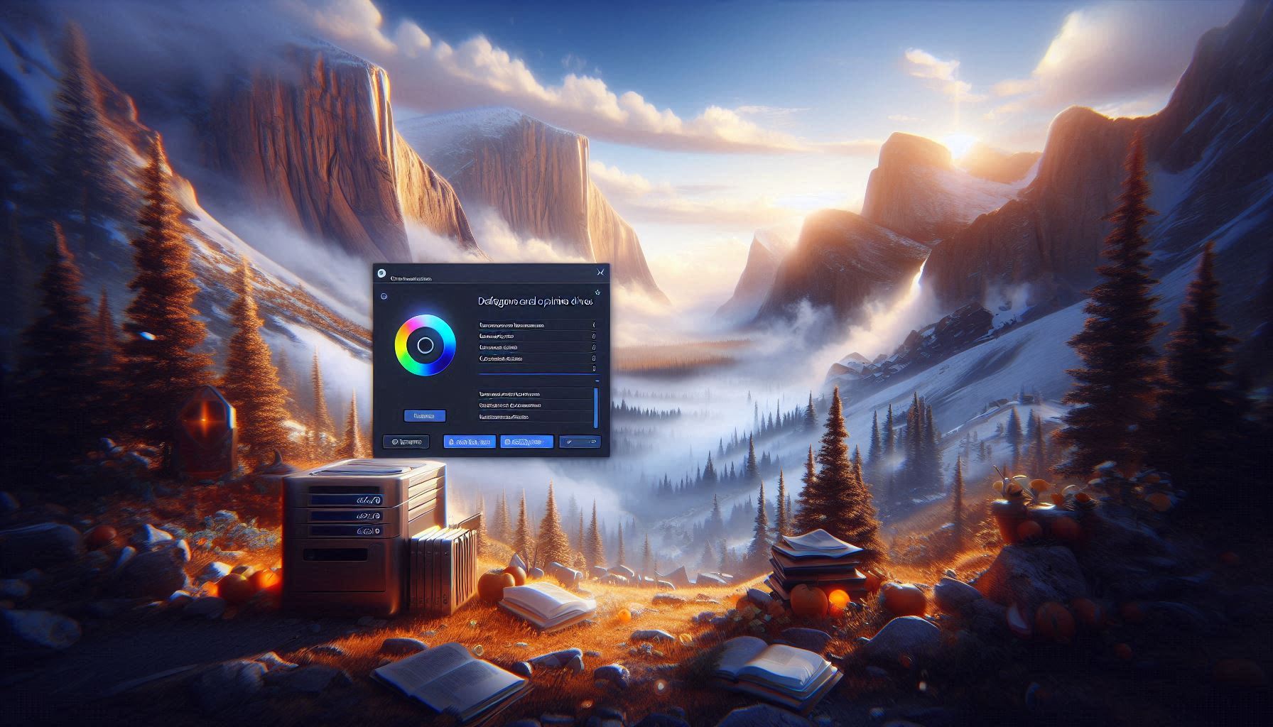 Disk Defragmentation tool showing optimization progress.