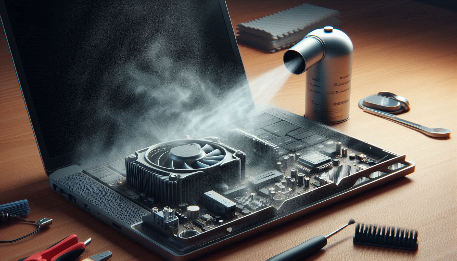 Laptop cooling fan being cleaned with compressed air.
