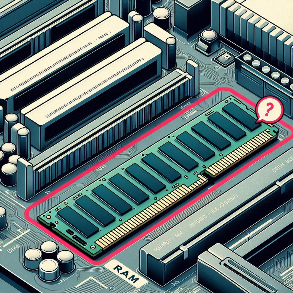 Diagram of a PC motherboard with improperly seated RAM.