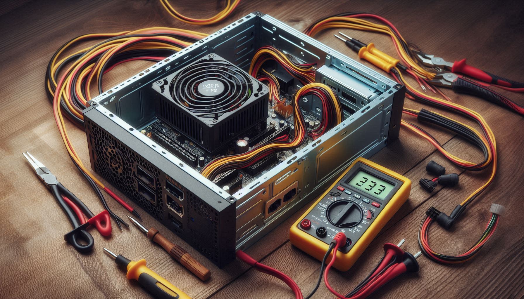 A desktop PC power supply being tested with a multimeter.
