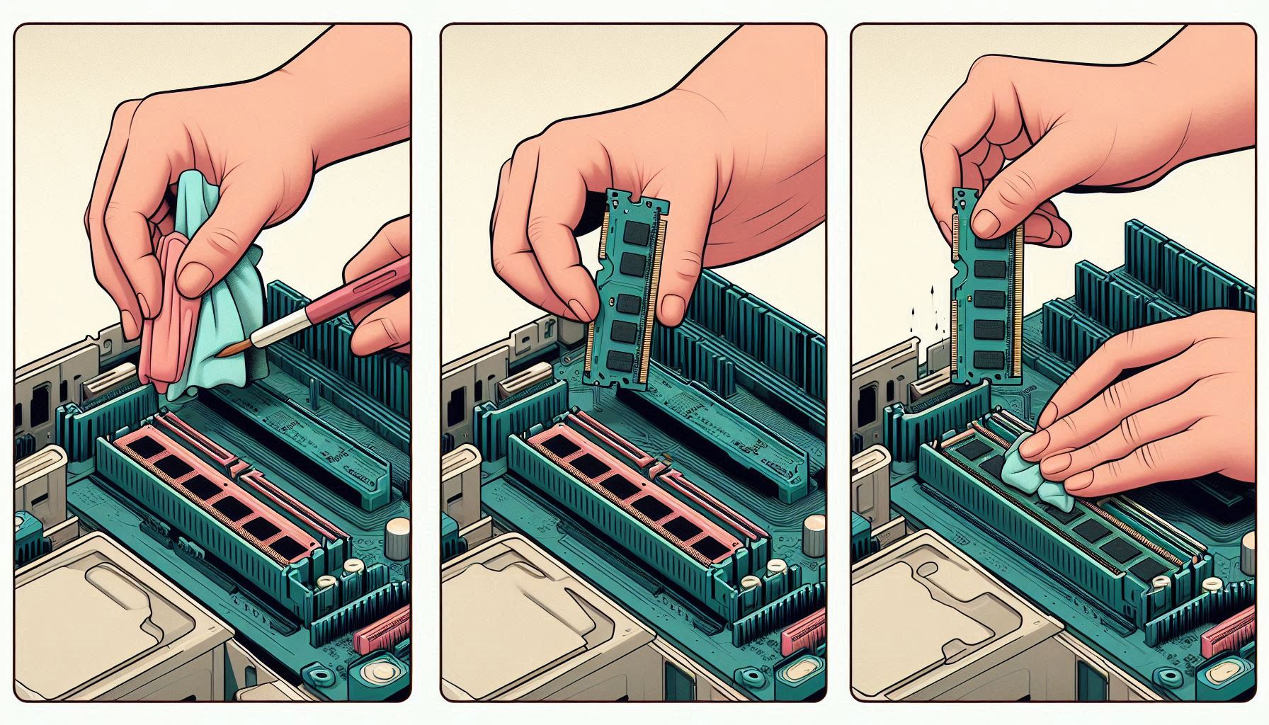 Step-by-step photo guide for reseating RAM.