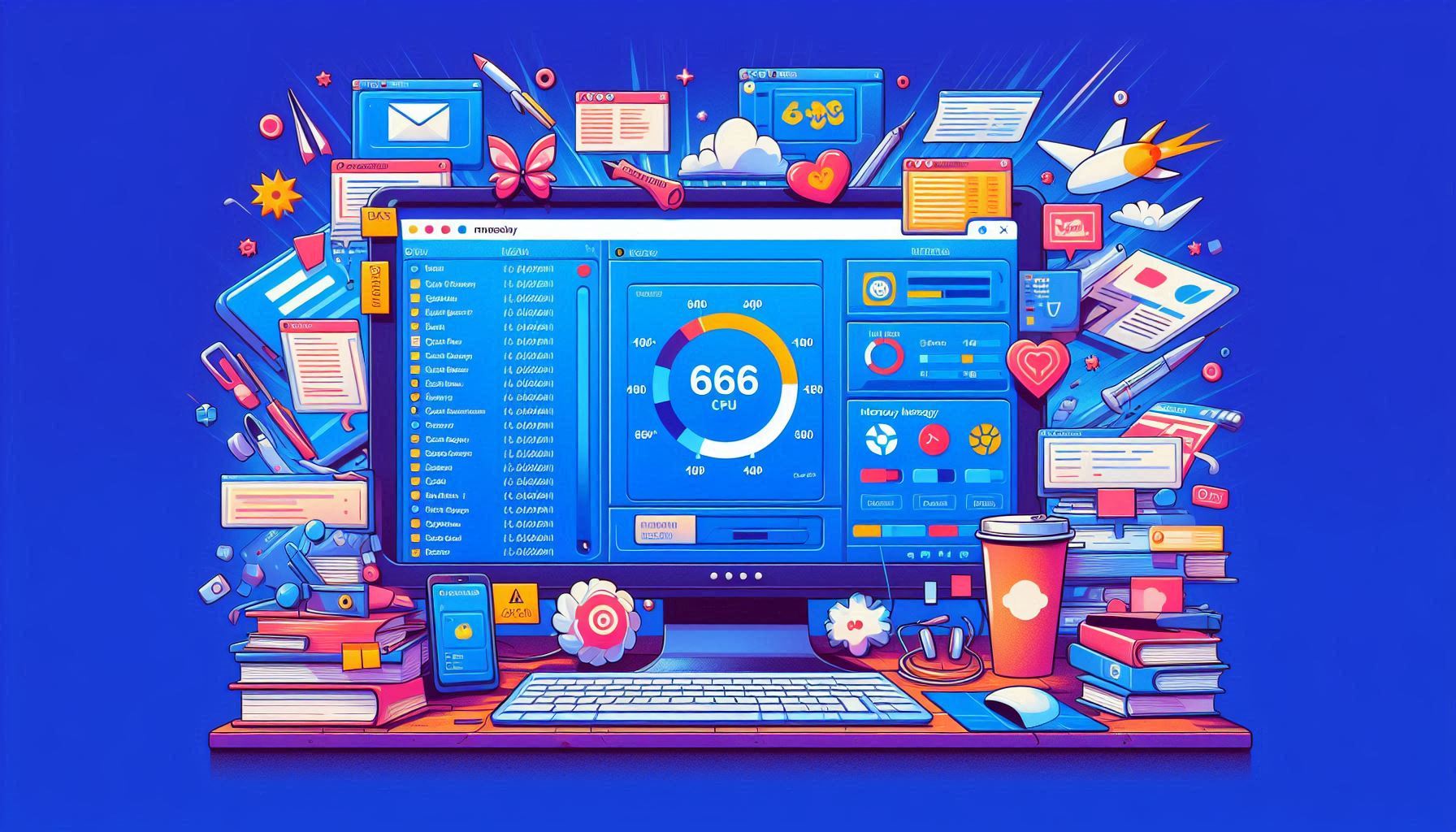 A task manager window showing high CPU and memory usage.