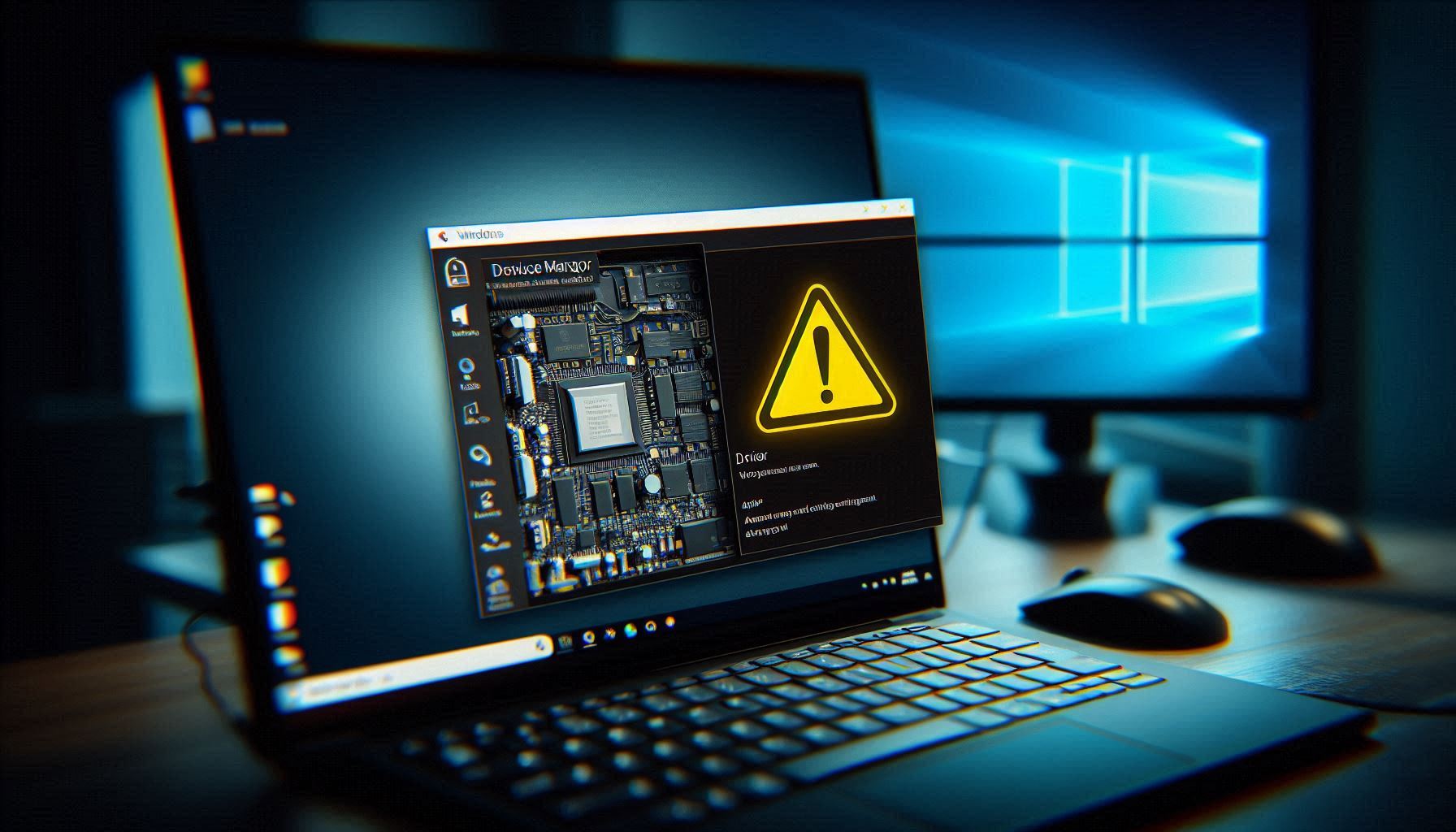 Device Manager window with a yellow warning symbol on a driver.